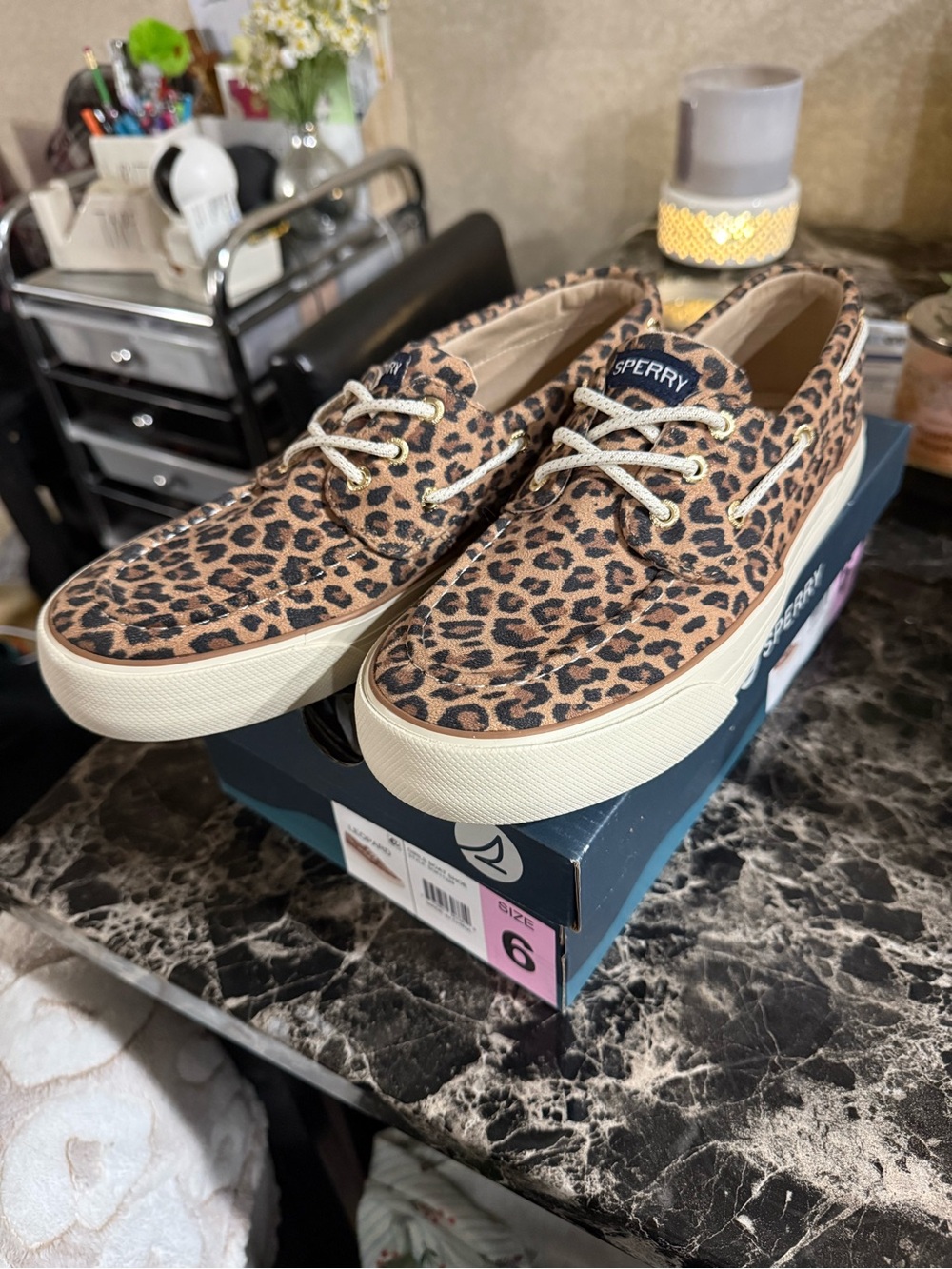 Sperry Kids’s Leopard Canvas Boat Shoes in Tan and Black